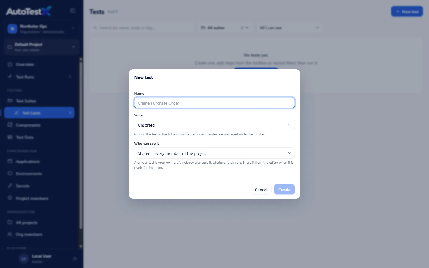 New test dialog